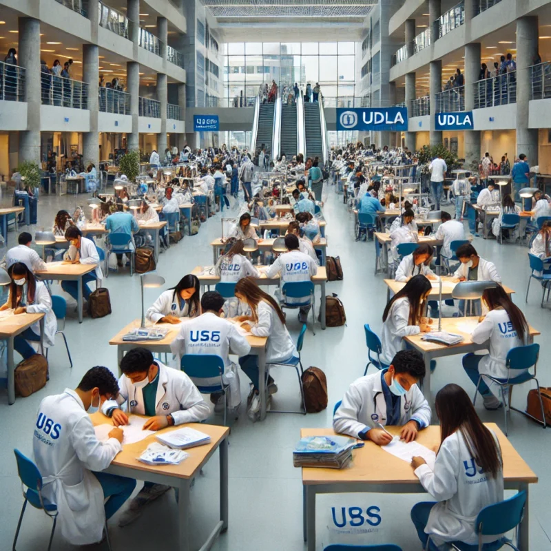 Muestra las mejores universidades en Ecuador para estudiar Medicina, como la PUCE, la UDLA y otras instituciones destacadas, con estudiantes participando en actividades acad&eacute;micas en aulas y laboratorios.