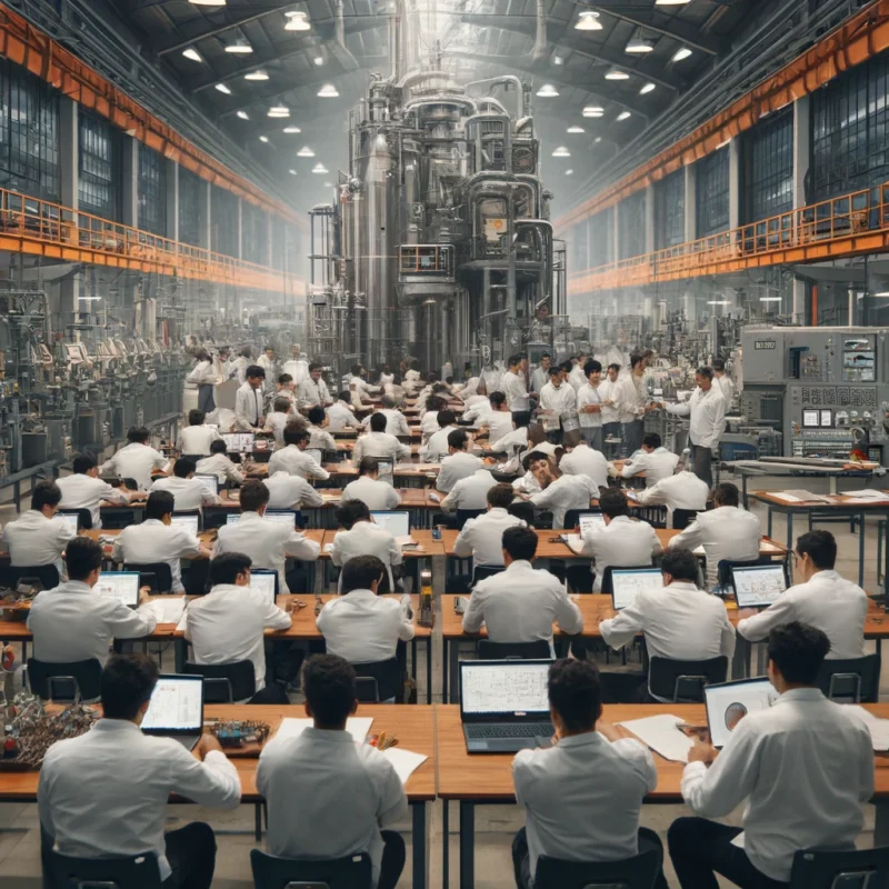 Estudiantes de Ingeniería Industrial en Ecuador participando en clases teóricas y prácticas, aprendiendo sobre procesos industriales, optimización de recursos y manejo de maquinaria en un ambiente académico y profesional.