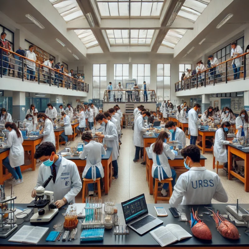 Refleja a estudiantes de medicina asistiendo a clases te&oacute;ricas y pr&aacute;cticas, utilizando materiales de estudio y realizando pr&aacute;cticas en laboratorios, en un entorno educativo moderno y de alta calidad.