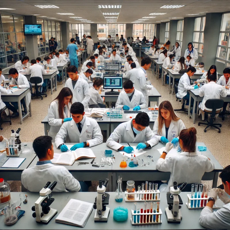 Muestra la facultad de Medicina en la Universidad Central del Ecuador, con estudiantes participando en clases teóricas y prácticas, en laboratorios modernos y un ambiente académico profesional.