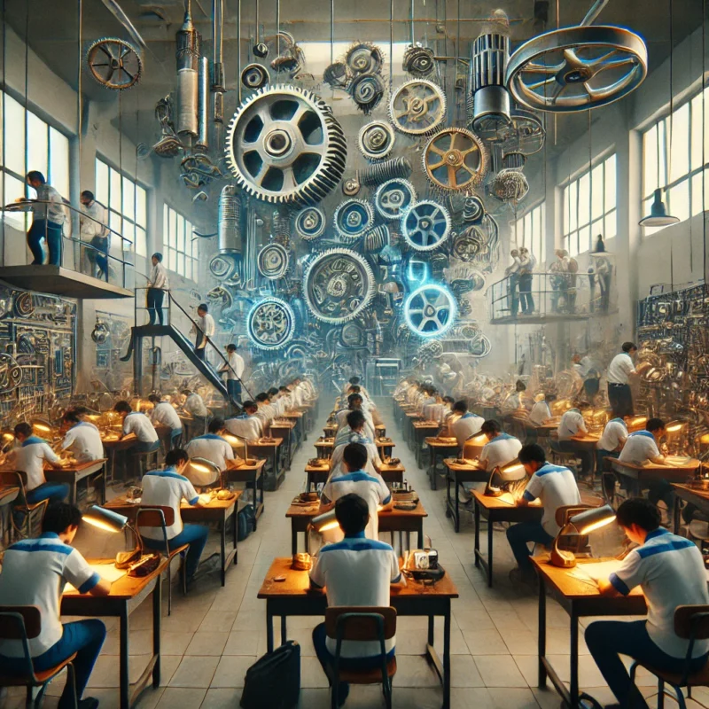 Personas en Ecuador participando en actividades prácticas de Ingeniería Mecánica e Ingeniería Industrial, utilizando pizarras, equipos técnicos y herramientas especializadas en un salón de clases colaborativo y educativo.