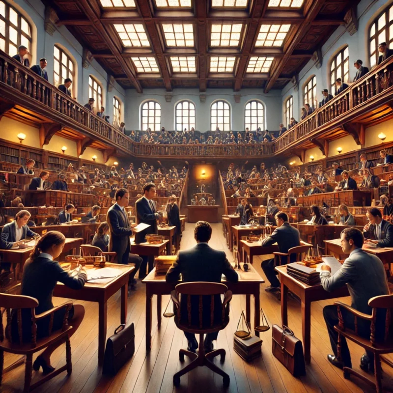 Muestra las mejores universidades en Ecuador para estudiar Derecho, como la PUCE, la UDLA y otras instituciones destacadas, con estudiantes participando en clases te&oacute;ricas y consultando con profesores en un ambiente acad&eacute;mico y profesional.