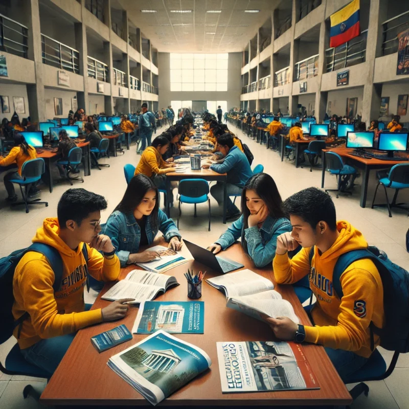 Estudiantes en Ecuador buscando información sobre cómo acceder a becas universitarias.
