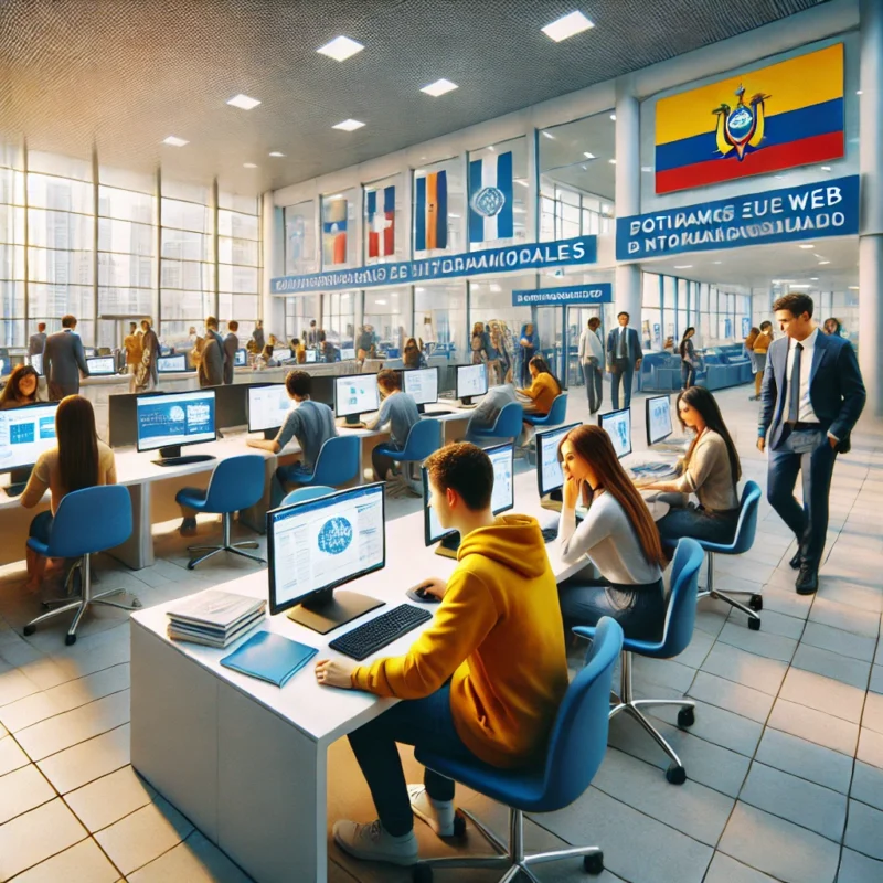 Estudiantes en Ecuador buscando pasantías en el extranjero a través de plataformas internacionales.