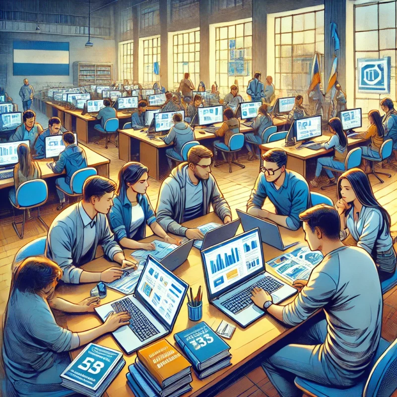 Jóvenes profesionales recibiendo asesoría para elegir la mejor especialización en Ecuador.