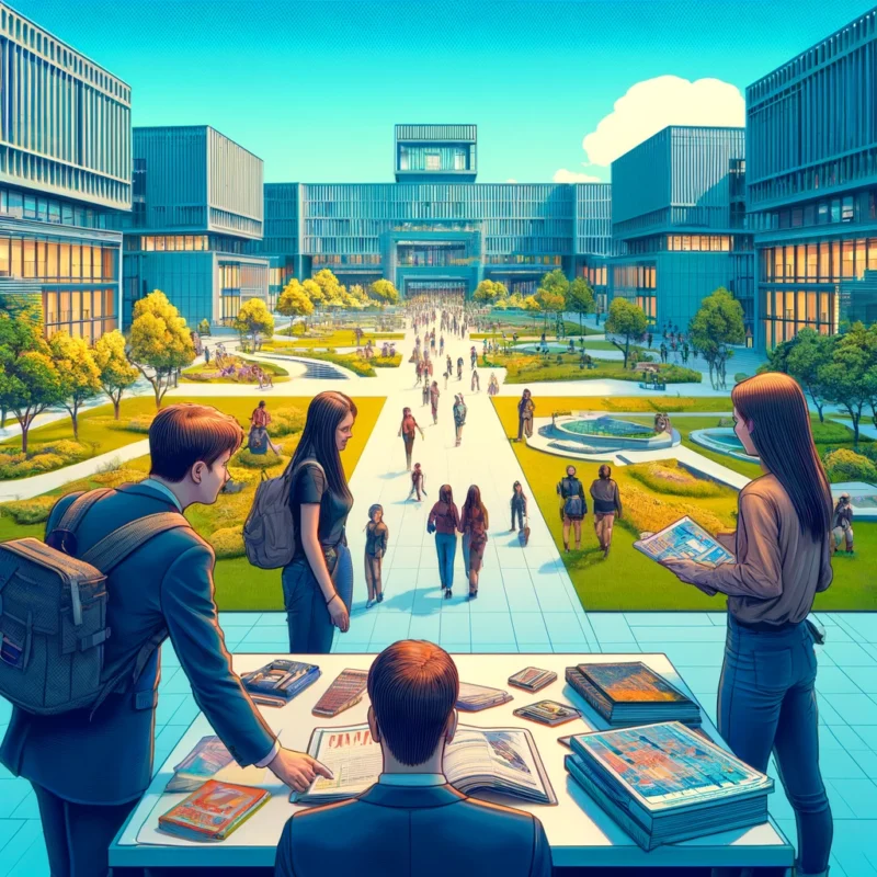 Estudiantes en Ecuador visitando el campus de una universidad privada, evaluando opciones académicas.