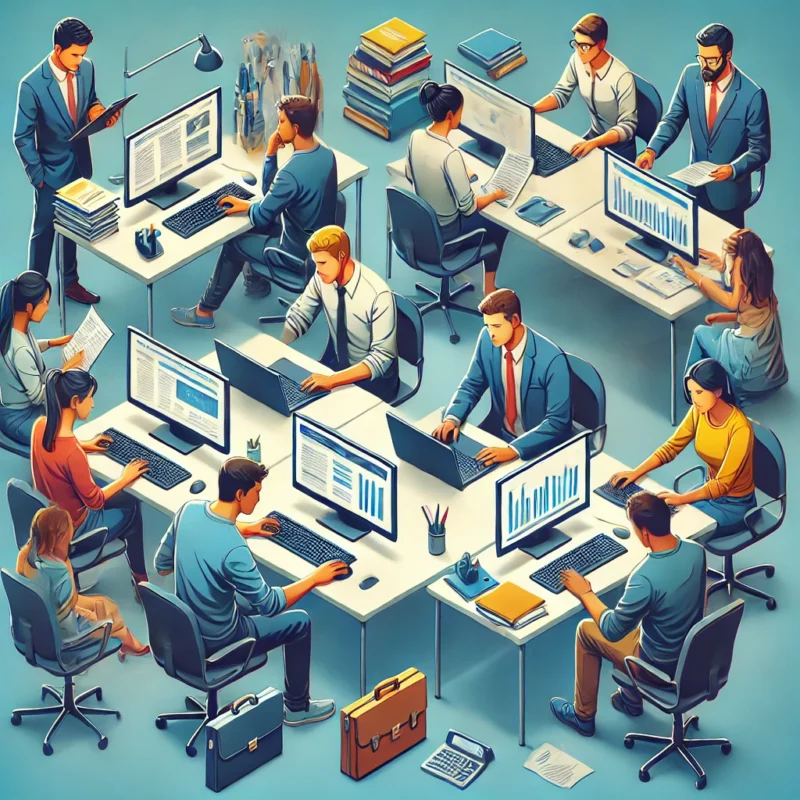 Jóvenes en Ecuador buscando prácticas profesionales en plataformas de empleo y completando solicitudes en línea.