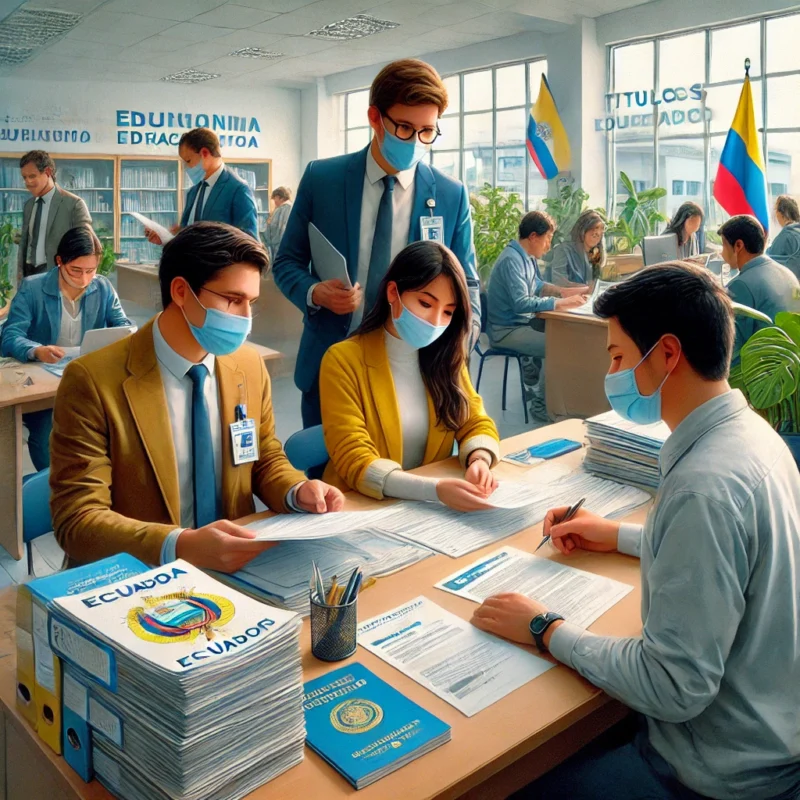 Profesionales en Ecuador realizando el proceso de homologación de títulos internacionales en una institución educativa.