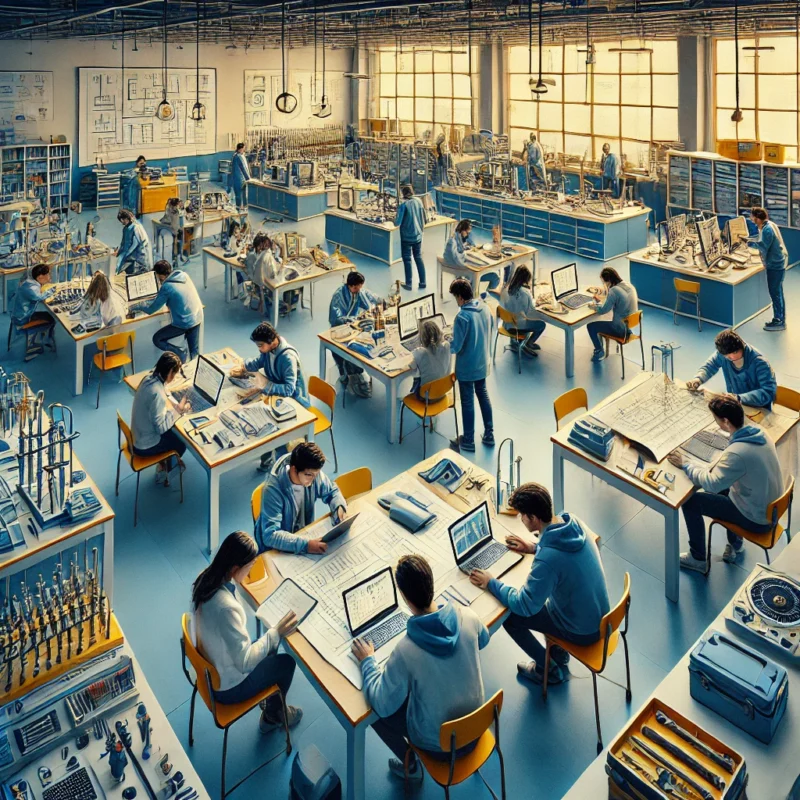 Estudiantes de ingeniería en Ecuador participando en una clase práctica en un aula universitaria moderna.