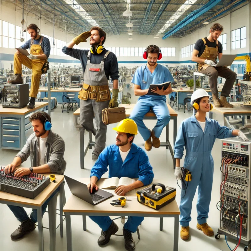 Profesionales en Ecuador trabajando en carreras técnicas mejores pagadas: tecnología, salud, mecánica industrial y electricidad.