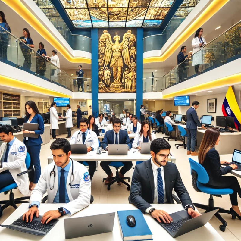 Profesionales en Ecuador trabajando en las carreras mejores pagadas: medicina, tecnología, negocios y derecho.