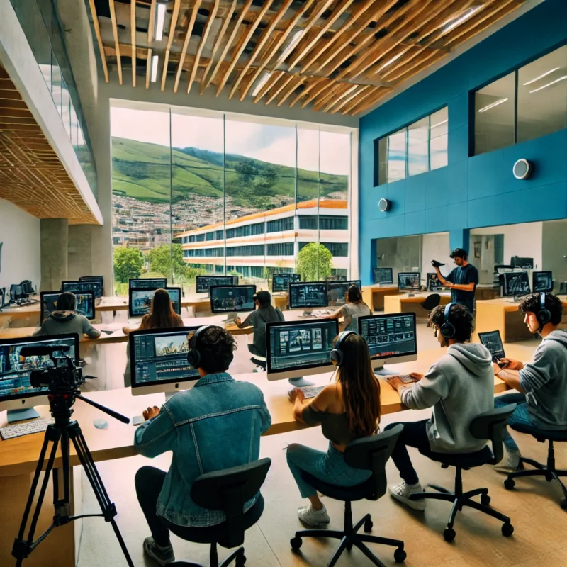 Jóvenes en Ecuador colaborando en proyectos académicos de comunicación: video, contenido digital y periodismo.