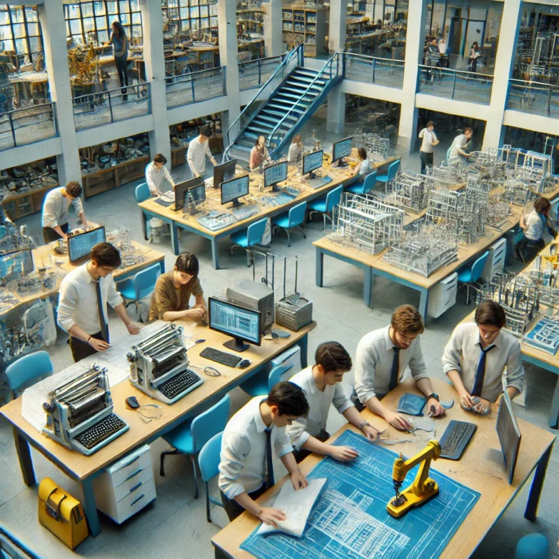 Estudiantes de ingeniería en Ecuador participando en clases prácticas en un campus universitario moderno.
