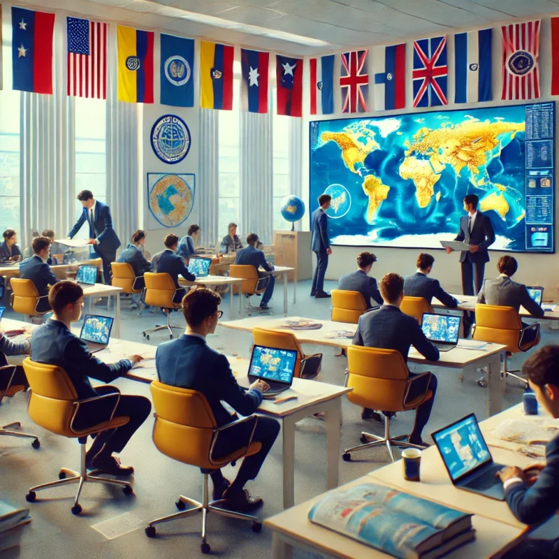 Estudiantes de Relaciones Internacionales en Ecuador participando en una clase pr&aacute;ctica sobre pol&iacute;tica global.