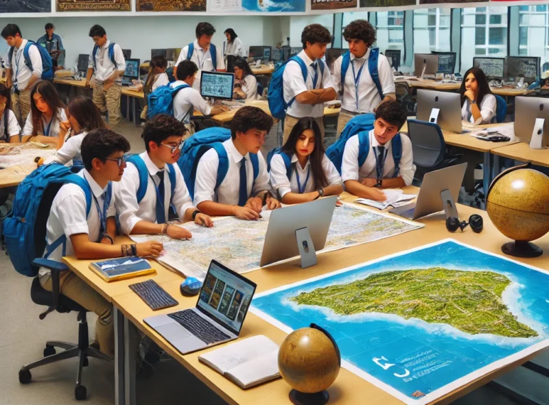 J&oacute;venes en Ecuador guiando a visitantes en una pr&aacute;ctica universitaria de turismo en un entorno patrimonial.