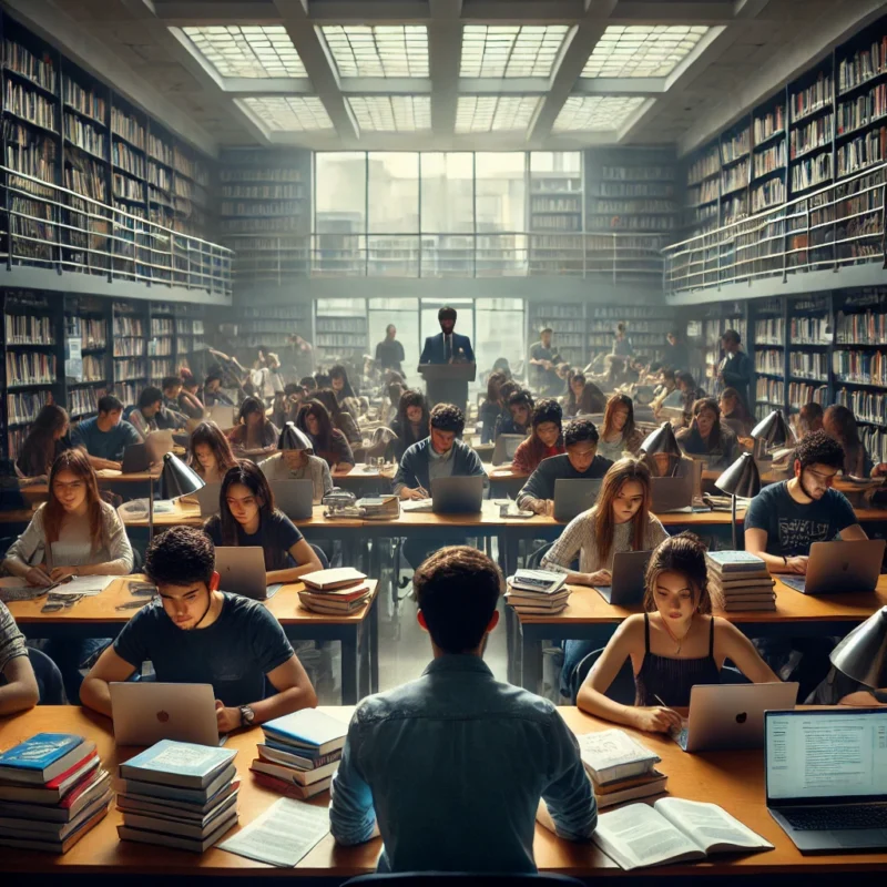 Estudiantes en Ecuador participando en una clase en una universidad pública, tomando notas y utilizando computadoras.